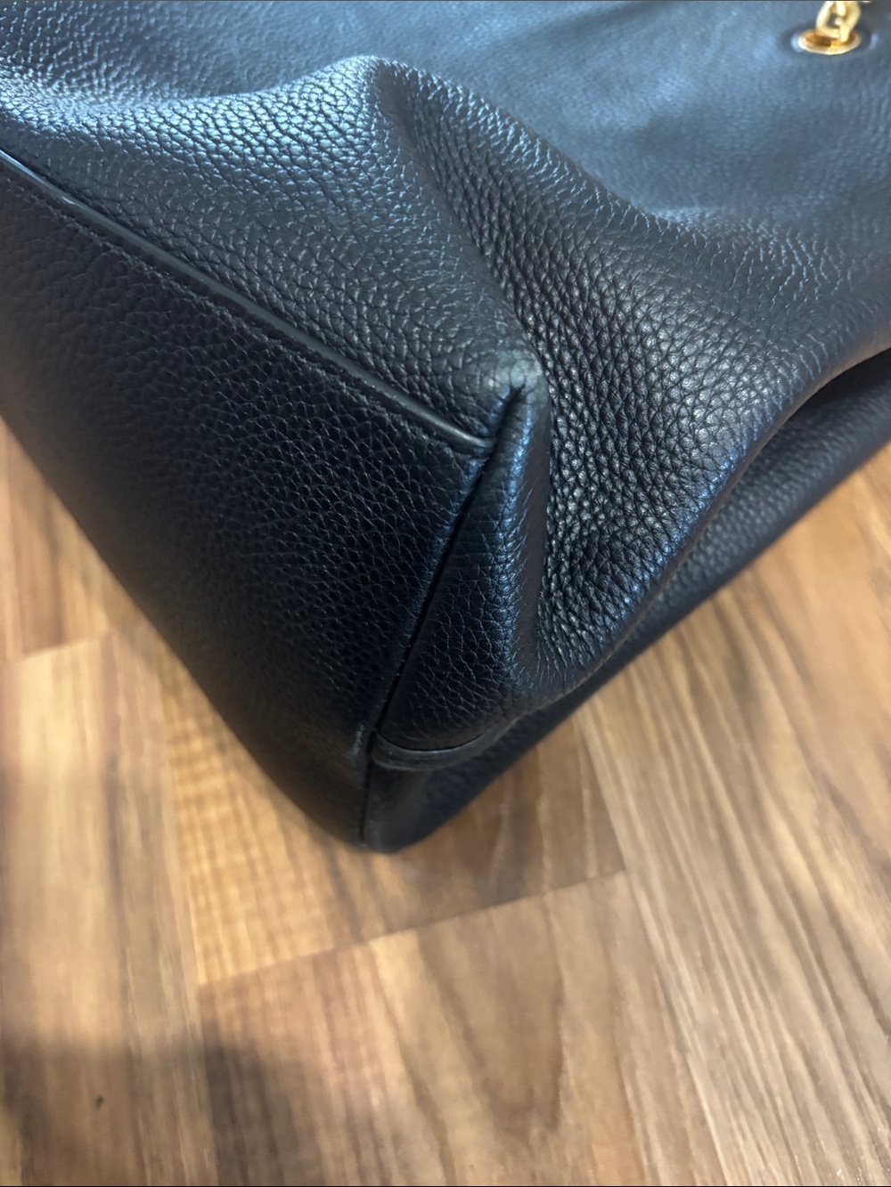 Tory Burch Dark Navy Almost Black Leather Tote with Gold Logo & Chain Straps - Picture 10 of 12